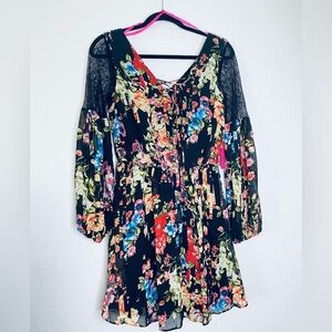 Betsey Johnson NEW Floral Tie Front Lace Peasant Sleeves Chiffon Mini Dress 2